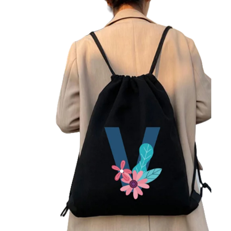 Black Printable Drawstring Backpack
