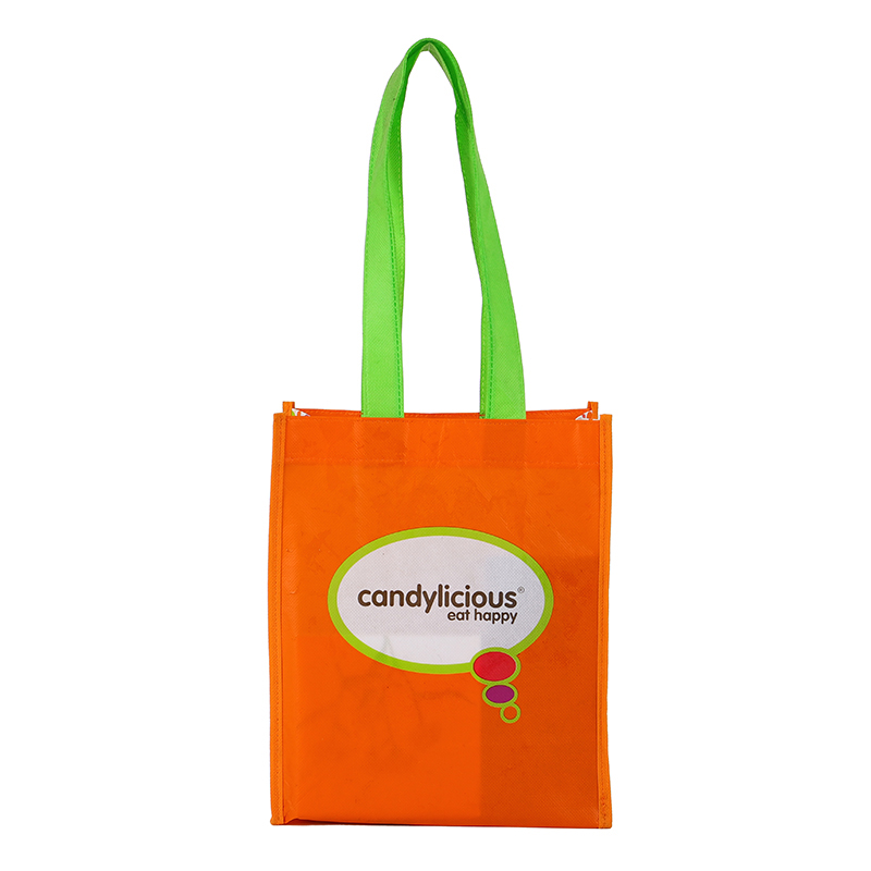 Orange Laminated Non Woven Shopping Bag with Green Handles