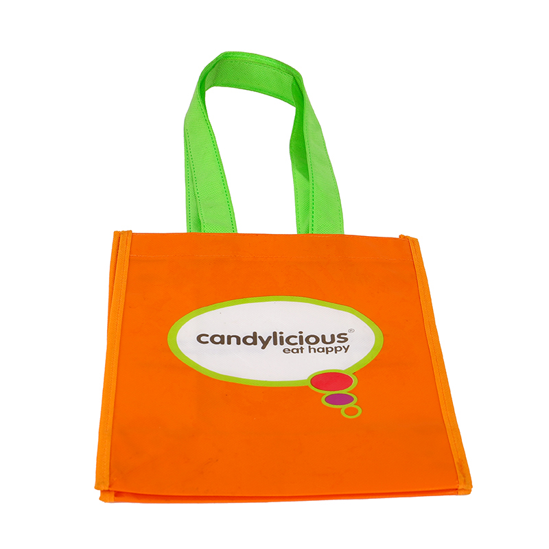 Orange Laminated Non Woven Shopping Bag with Green Handles