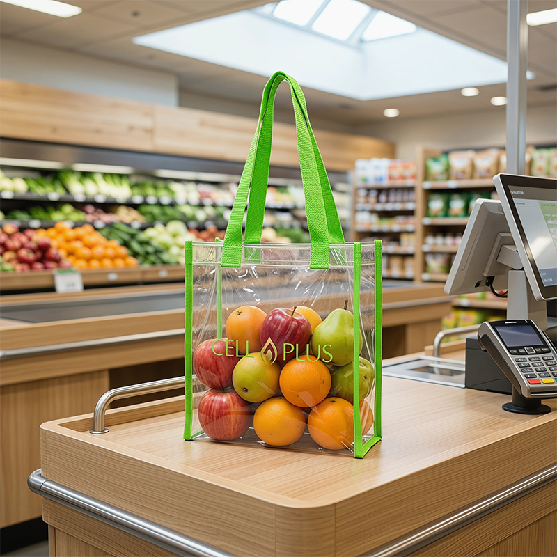 Small Square PVC Tote Bag with Extra-Long Shoulder Straps and Green Edge Binding