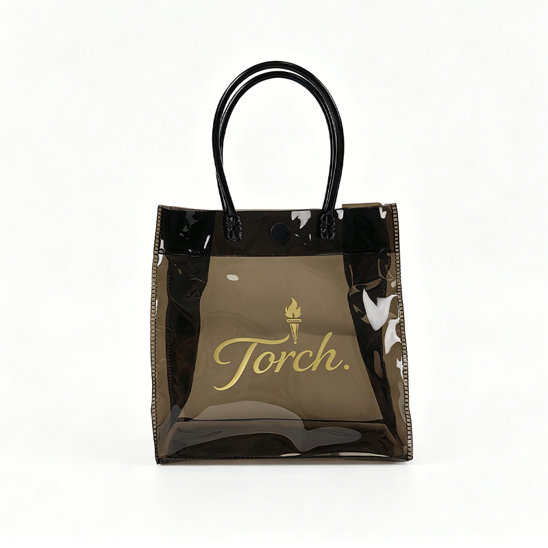 Large Smoke-Tinted PVC Tote Bag with Black Handles and Snap Closure