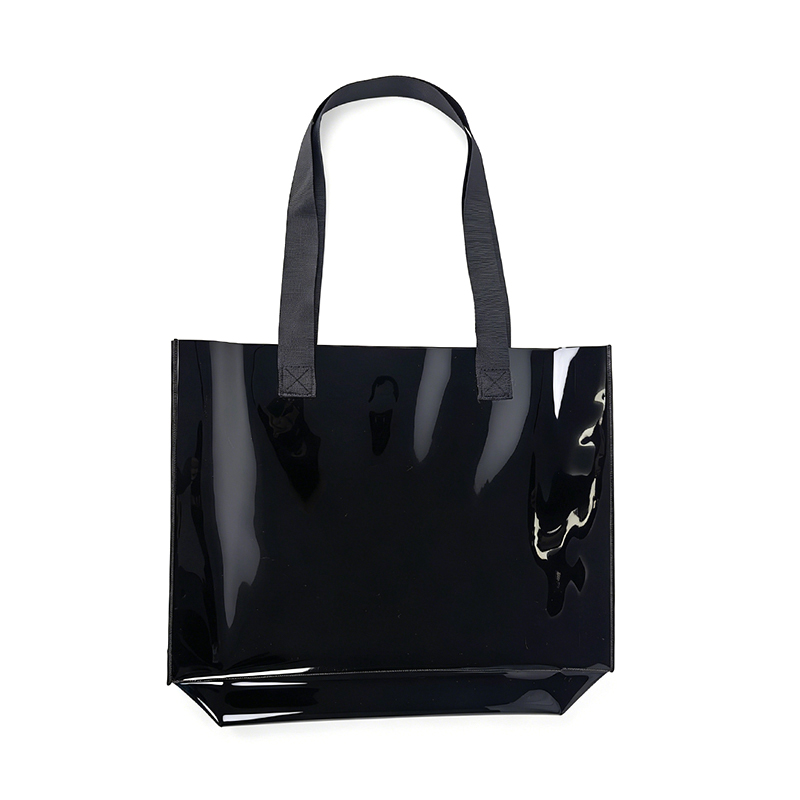 Black PVC Jelly Tote Bag with Long Handles and Square Bottom Design