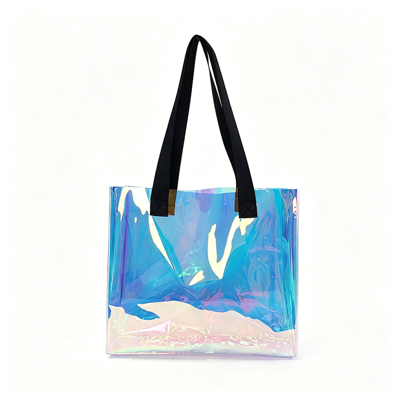 Holographic PVC Tote Bag with Webbing Handles and Square Bottom Design
