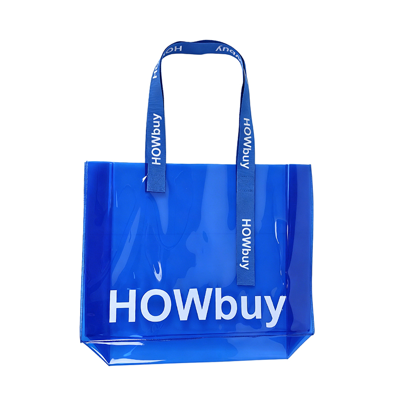 Custom Blue Transparent PVC Beach Tote Bag with Soft Webbing Handles