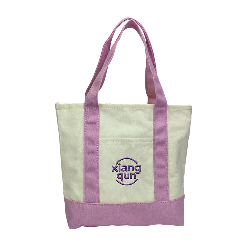 Custom Embroidered Cotton Mini Tote Bag with Front Pocket and Contrast Pink Handles