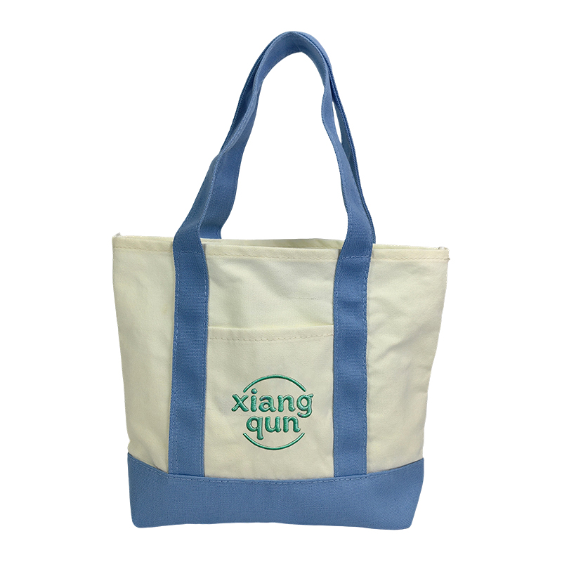 Custom Mini Cotton Pouch Tote with Blue Contrast Trim and Embroidered Front Pocket