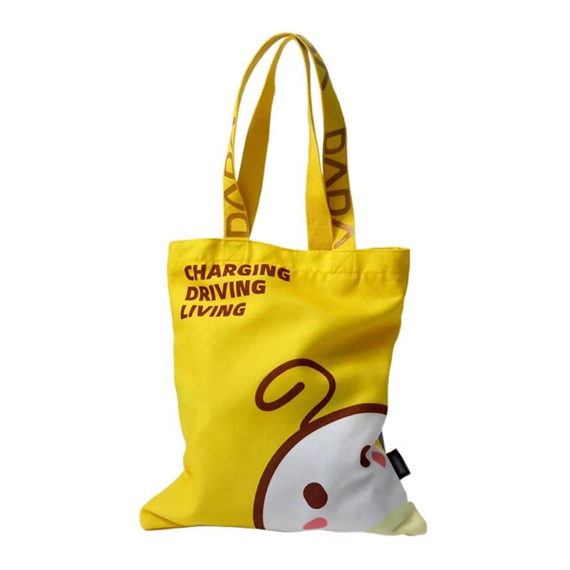 Cute Cotton Bag with Character Print and Woven Text Handles