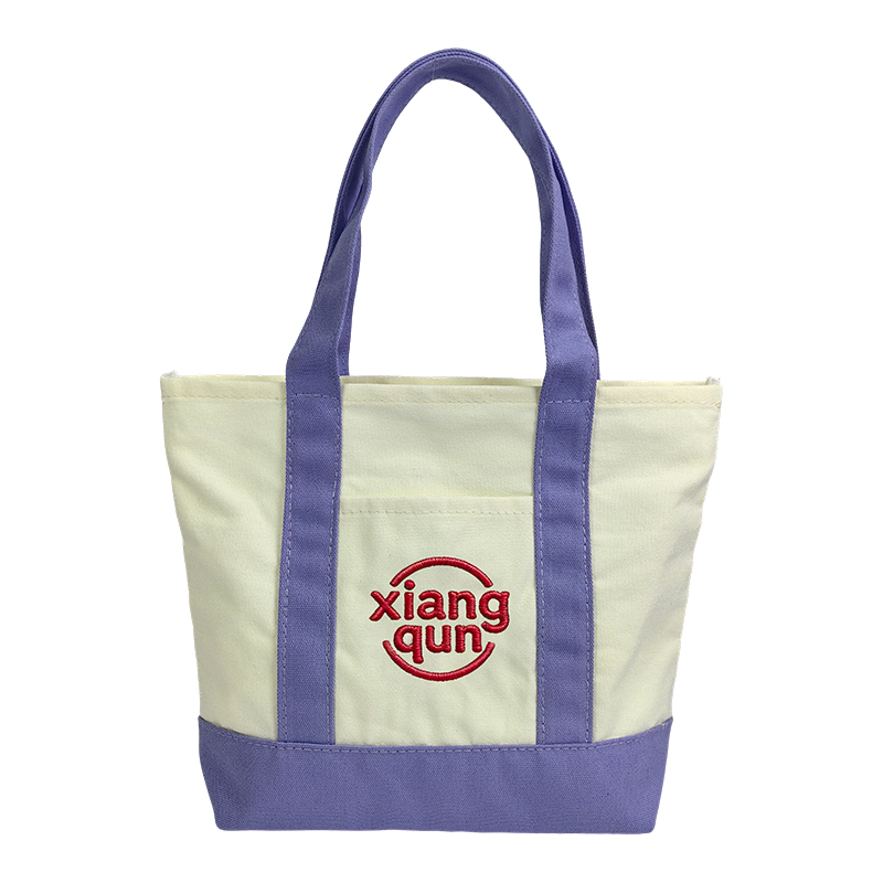 Mini Cotton Reusable Bags with Purple Contrast Trim and Embroidered Front Pocket