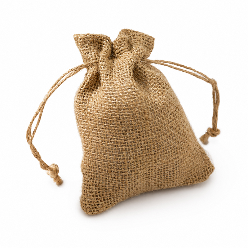 Small Jute Drawstring Pouch with Natural Rustic Woven Texture