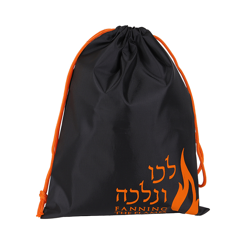 Black Polyester Drawstring Bag with Orange Print for High-Visibility Branding