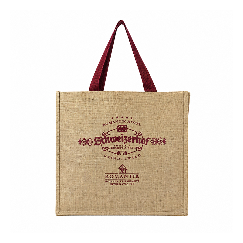 Monogrammed Jute Tote Bags with Flat Red Webbing Handles