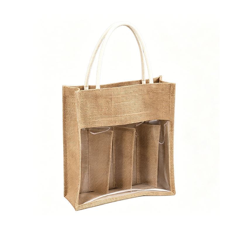 Jute Wine Tote with Clear PVC Window and Reinforced Rope Handles